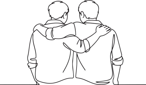 Line Drawing Rear View of Two Male Friends with Arms Around Shoulders Friendship Bond Illustration