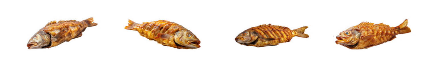 Obraz premium Collection of fried whole fish with culinary, delicious, prepared isolated on transparent background