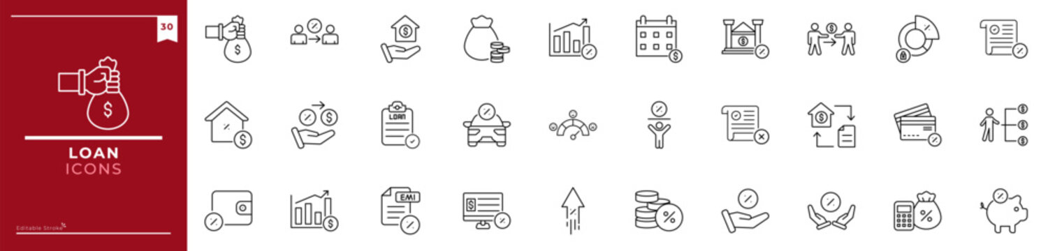 Loan, Outline icons collection. Simple vector illustration. loan, credit, debt, bond, finance, money, payment, expense, bank, business and more