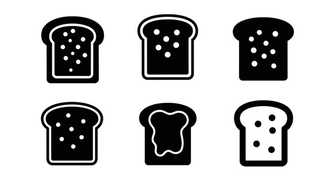 Set of six black and white icons representing slices of toast bread, some plain, one with jam.