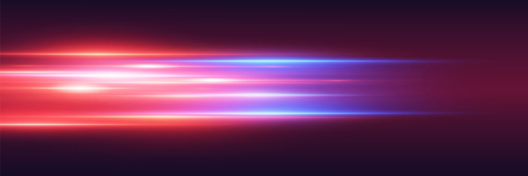 Fast glowing neon light streaks moving across dark red gradient background with motion blur effect.