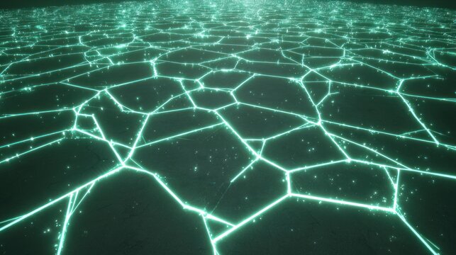 Glowing geometric network pattern stretches across a dark, textured plane toward the horizon