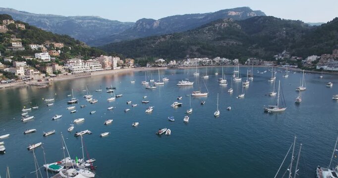 Aerial View Port Soller Mallorca Bay with Boats and Mountains