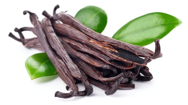 Fresh vanilla beans presented with bright green leaves against a clean white background.
