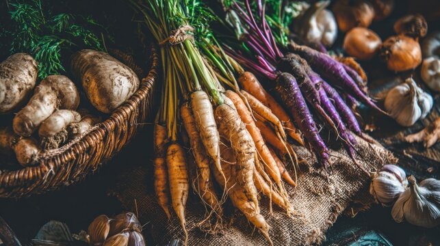 Assortment of freshly harvested root vegetables and aromatics displayed on a rustic surface