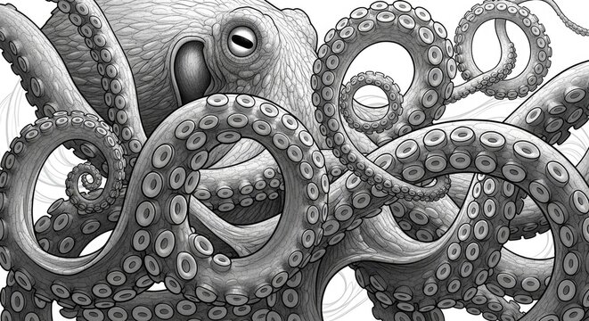 Detailed illustration of an octopus with tentacles against a white background