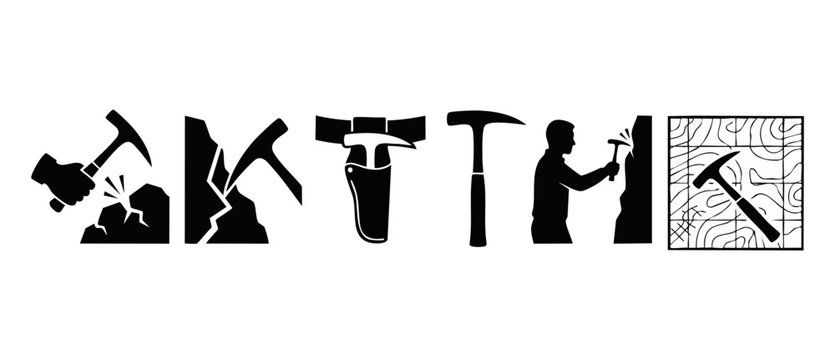 Geologist Hammer Icons Set for Mining and Research. Professional rock pick tool collection, geological field work silhouettes, prospecting symbols, surveyor equipment vector graphics for scientific ma