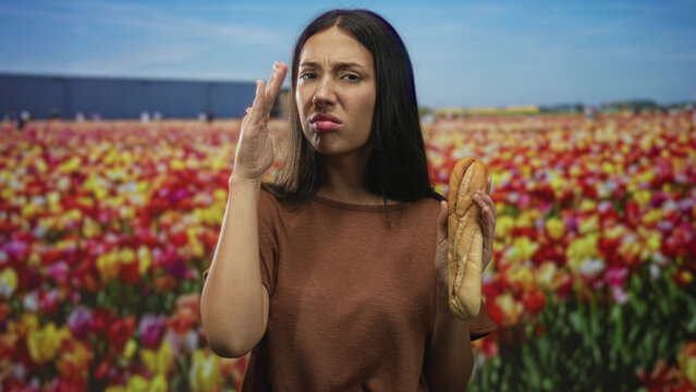 Woman holding baguette while pinching nose in studio tulip field with bright flowers and bread; disgust nausea.