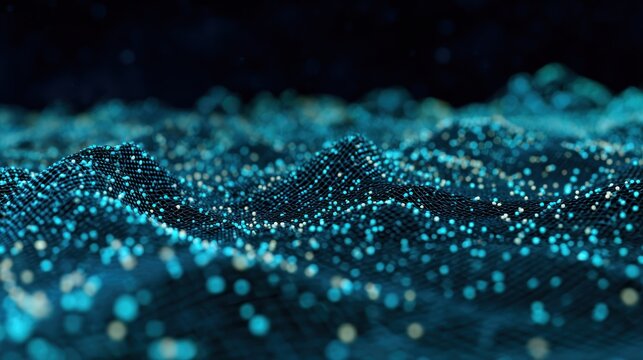 Glowing digital particles undulate across a dark, abstract technological surface