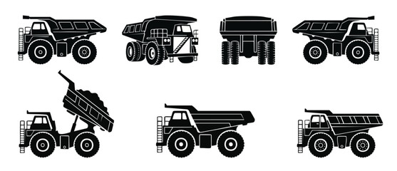 Mining Dump Truck Silhouette Icons Set, Heavy Industrial Haul Vehicle Collection, Quarry Construction Machinery Symbols, Large Capacity Earthmover Transport Graphic Elements for Engineering and Site L © Fernando