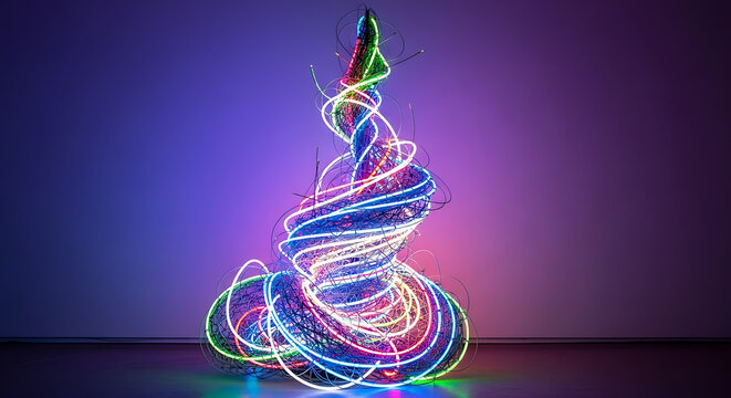 Swirling abstract sculpture of colorful l e d lights against a purple gradient background