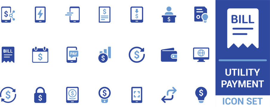 Utility payment icon set with modern flat design, vector collection featuring fintech, recharge, biller, wallet, transfer, digital pay and finance elements for web and apps.