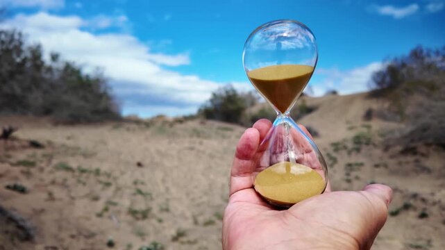 Human hand holding an hourglass with sand flowing through it, symbolizing the deadline for climate change and desertification, a conceptual representation of time running out for planet earth