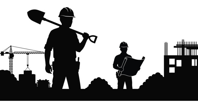 construction workers with tools and building site silhouette high quality professional detailed modern elegant stylish clean crisp vibrant colorful digital creative