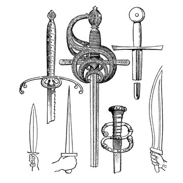 Various Types of Swords, historic weapon collection with intricate hilts and blades, old vintage illustration, 1897.