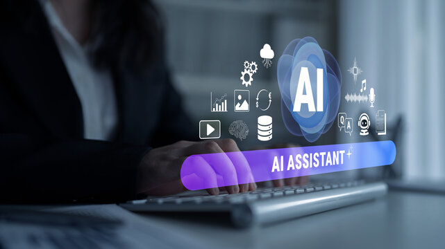 Business Professional Using AI Assistant Technology with Graphical Interface and Digital Icons Representing Innovation and Modern Solutions Fluxor.