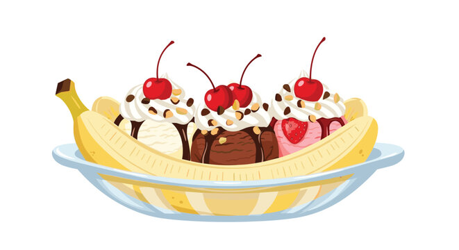 Classic banana split dessert is beautifully arranged in a glass dish, featuring three scoops of ice cream, generous whipped cream, chopped nuts, and bright red cherries.