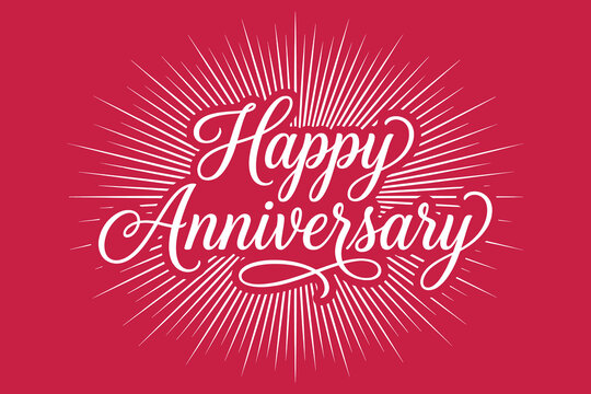 Elegant anniversary celebration graphic featuring radiant sunburst design with cursive Happy Anniversary text on vibrant pink gradient background