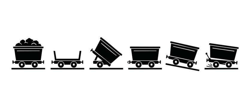 Mining Cart Icon Set, Industrial Ore Wagon Collection, Mine Transport Trolley Symbols for Heavy Industry, Rail Logistics and Excavation Equipment Graphics, Vector Illustration Isolated on White Backgr