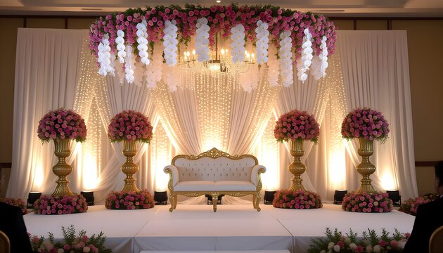 Floral fantasy indian wedding stage decoration with cascading roses and orchids