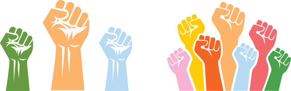 Colorful raised hands and unity logo collection featuring diverse teamwork symbols, community support icons, and abstract collaboration designs for social causes.diverse raised hands unity.