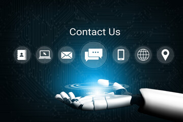 Fototapeta na wymiar A sleek robotic hand presents various icons representing communication options, showcasing a blend of technology and modern connectivity for user engagement. Gantry
