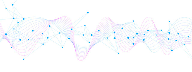 Abstract science and technology banner background. Molecular structure and genetic engineering with plexus and wave flow design. Suitable for web, presentation, medical template. Vector illustration. © Alfan Subekti