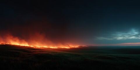 Obraz premium A vast field engulfed in flames under a dark sky, depicting the intensity of a wildfire against a serene horizon.