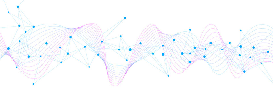 Abstract science and technology banner background. Molecular structure and genetic engineering with plexus and wave flow design. Suitable for web, presentation, medical template. Vector illustration.