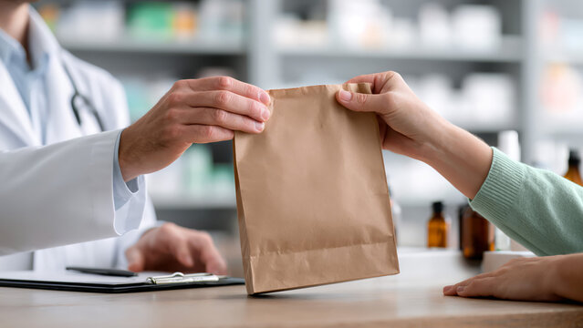 Pharmacist handing prescription bag to patient at pharmacy counter for healthcare service