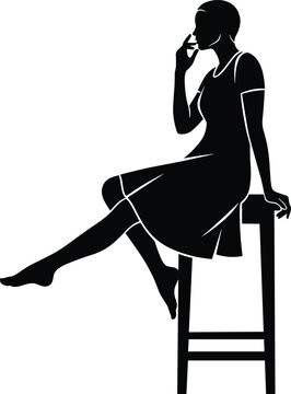 Elegant Woman Sitting on Stool Silhouette Illustration Female Fashion Pose Minimal Black Profile Vector Design