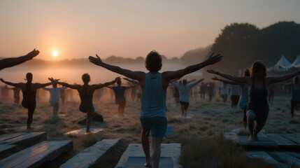 Fototapeta premium Summer solstice outdoor yoga gathering at dawn in mist-covered meadow, diverse group holding warrior pose on natural grass, instructor on raised wooden platform demonstrating arms-wide stance, dew v