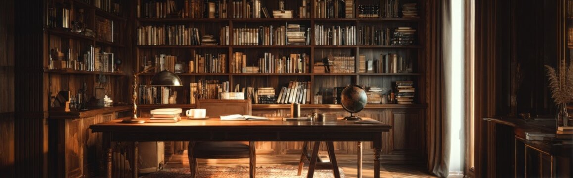 Elegant library interior with bookshelves desk and antique decorative elements
