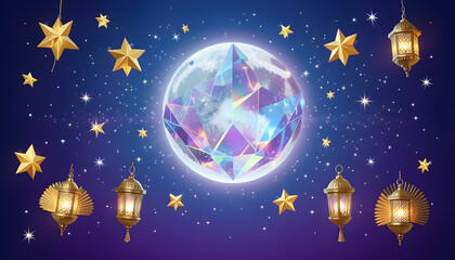 Fototapeta premium Magical Ramadan night background with glowing crystal moon hanging lanterns and golden stars on deep blue starry sky background 