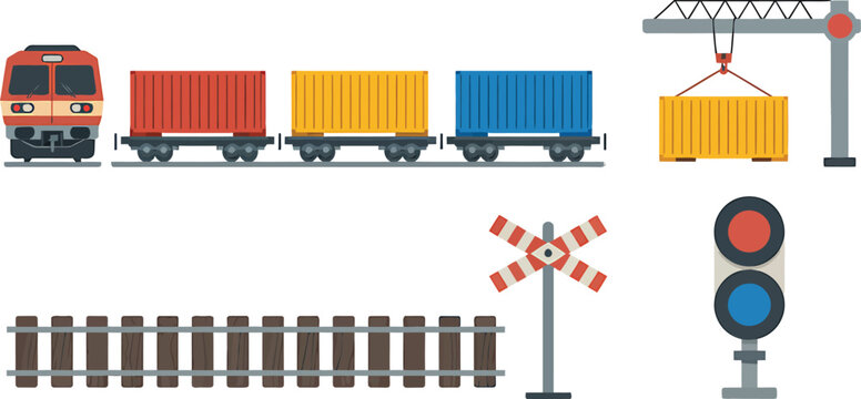 Colorful freight train with cargo containers and railway crossing signals illustration