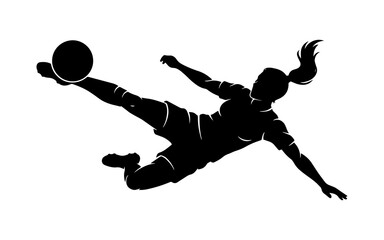 Silhouette of an athletic female soccer player performing a dynamic mid-air bicycle kick © ZamStock