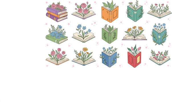 
Cute Floral Books Collection with Blooming Wildflowers and Colorful Open Books Whimsical Vector Illustration Set