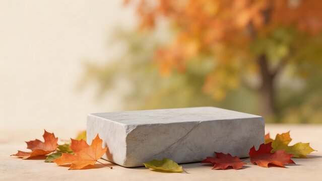 Stone block with autumn leaves on surface