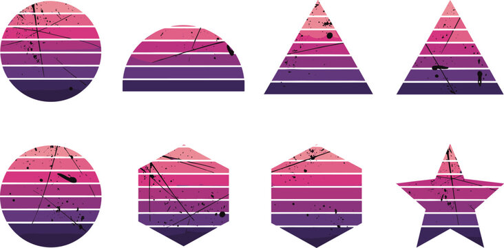 
Retro Synthwave Grunge Gradient Shapes Circle Triangle Hexagon Star Pink Purple Vector Illustration Set