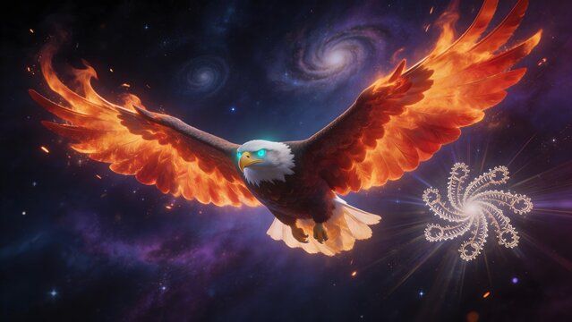 Eagle with fiery wings in space