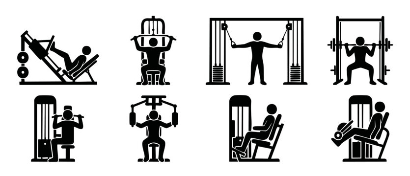 Gym Exercise Icons Set, Weight Training Machines, Fitness Workout Silhouettes, Bodybuilding Equipment Pictograms for Health Club, Sports Activity, Muscle Building, Strength Training and Physical Educa