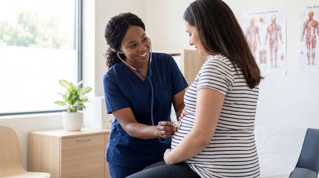 Nurse listening to pregnant woman belly with stethoscope during prenatal visit in clinic showing compassionate maternal healthcare monitoring wellness support patient education for patient trust