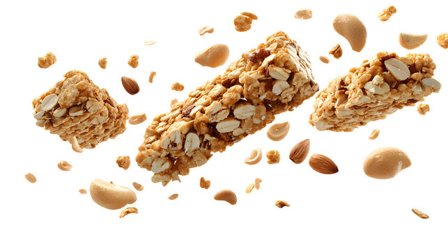 Crispy pieces of granola bar with peanuts, floating in the air, isolated on a white background