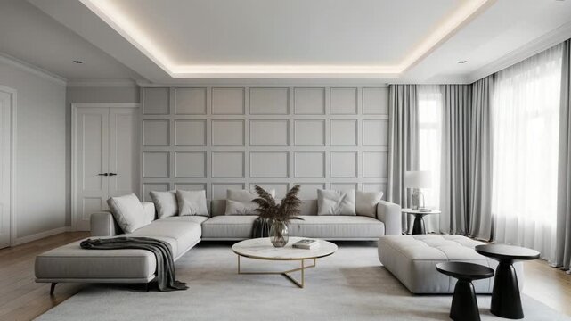 Modern living room interior, minimalist decor, gray sofa set, contemporary home design, luxury furniture