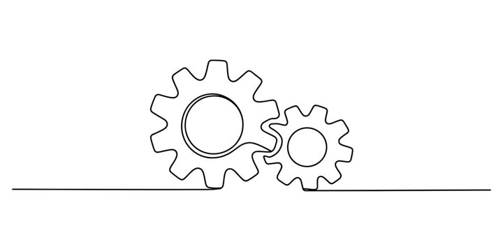 Continuous single line drawing of two connected mechanical gear wheels