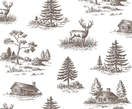 Vintage forest scene with deer and log cabins in a repeating pattern stag woods