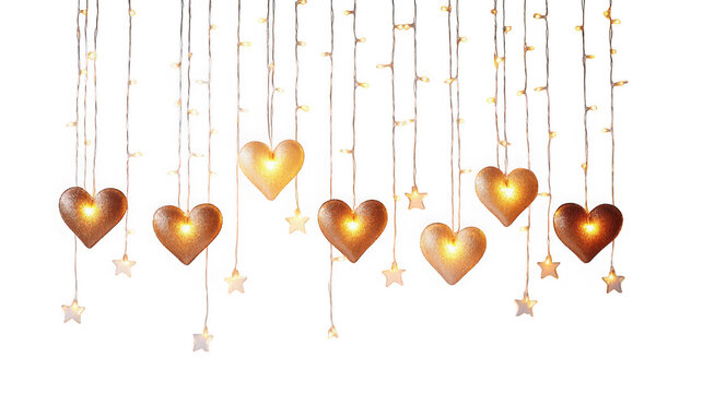 Hanging heart and star string lights with decorative, romantic, celebration isolated on transparent background