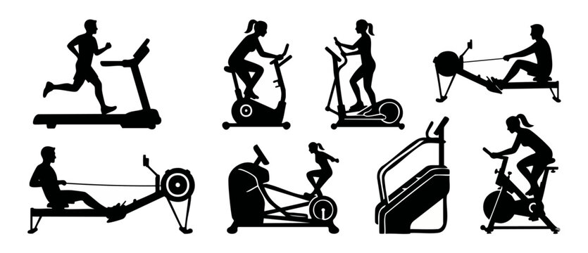 Gym Exercise Equipment Silhouette Set, People Training Cardio Workout on Treadmill, Rowing Machine, and Stationary Bike for Fitness and Health Concept, Isolated Vector Icons Collection on White Backgr