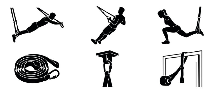 Suspension Training Workout Icon Set, Fitness TRX Exercises and Equipment Vector Symbols for Gym and Functional Bodyweight Exercise Programs, Athletic Training Equipment Silhouettes for Wellness Desig