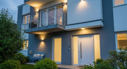 Fototapeta premium Modern Luxury House Exterior at Dusk with Outdoor Lighting and Landscaping